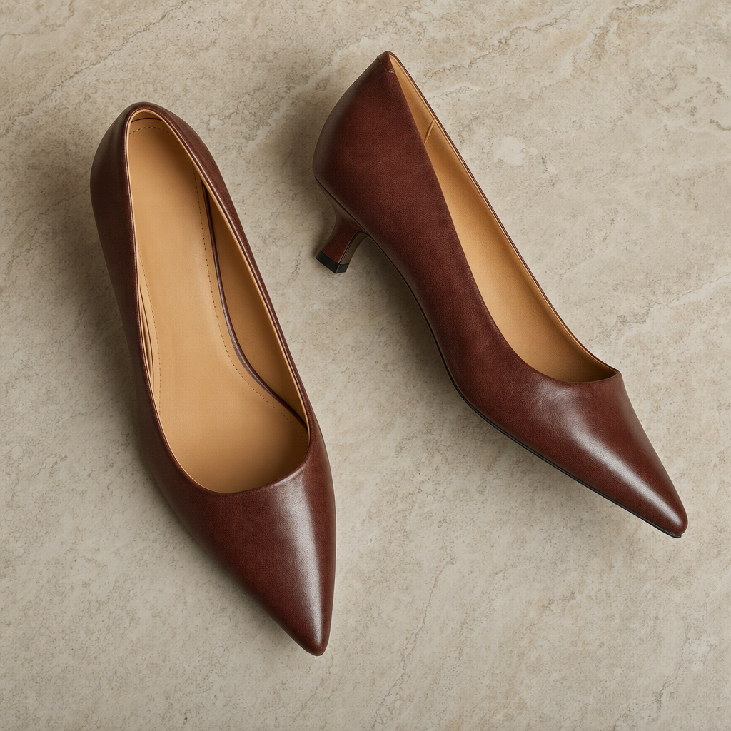 Classic black pointed-toe thin heel pump, a versatile dress shoe for ladies' formal and office wear.