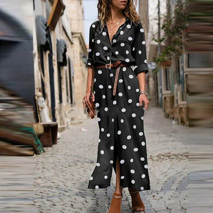 Flowy polka dot maxi dress for women, featuring long sleeves, a stylish V-neck, and button-down front. Casual chic.
