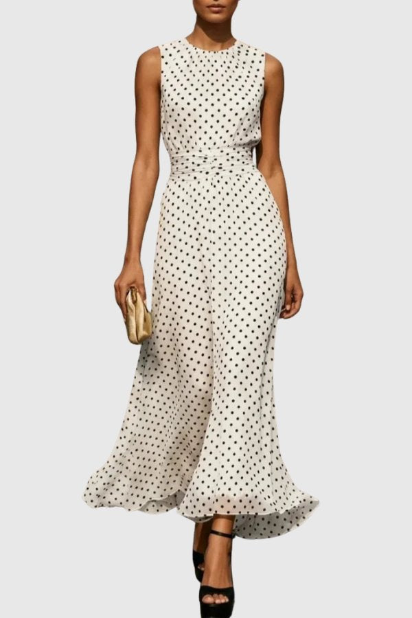 Elegant women's polka dot maxi dress with ruffle hem, perfect for evening parties & formal occasions.