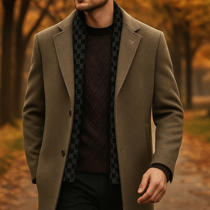 Front view of a luxurious women's wool blend winter coat, designed for warmth and timeless elegant outerwear.