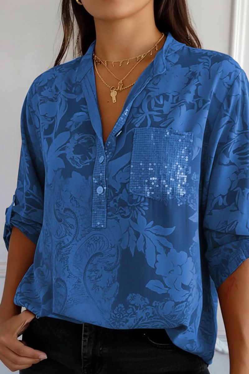 Women's elegant printed blouse, long sleeve, loose fit with a front pocket. Ideal fashion top for work & everyday.