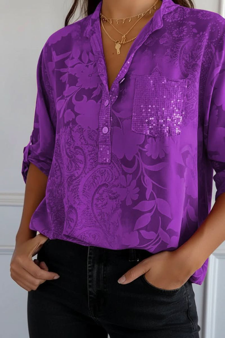 Fashionable women's printed long sleeve blouse, loose fit, front pocket. Elegant, casual chic, and workwear ready.