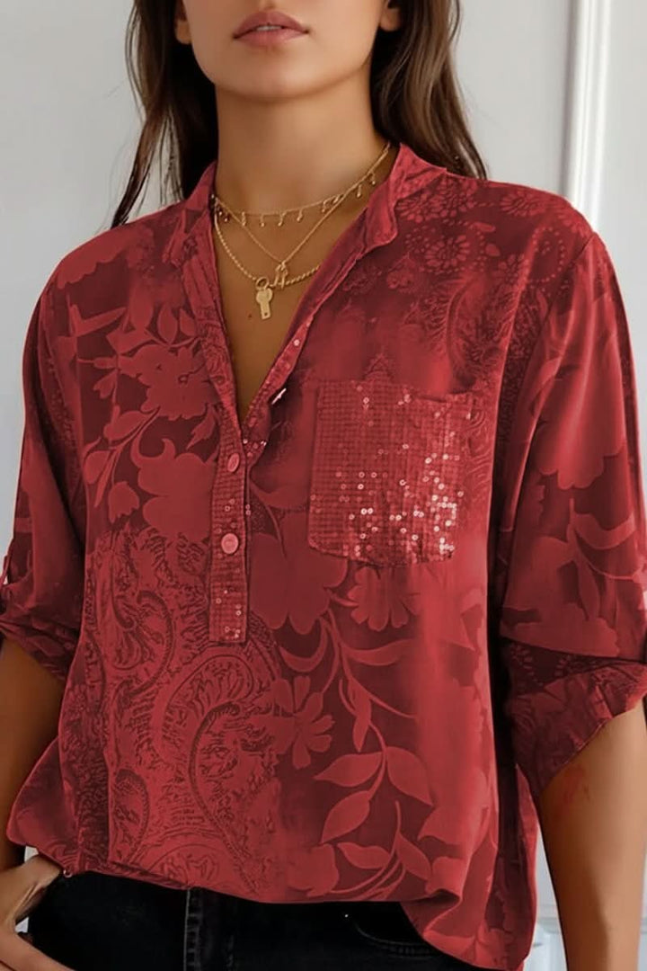 Versatile women's printed workwear blouse, long sleeve, elegant design, practical front pocket. Great for office.