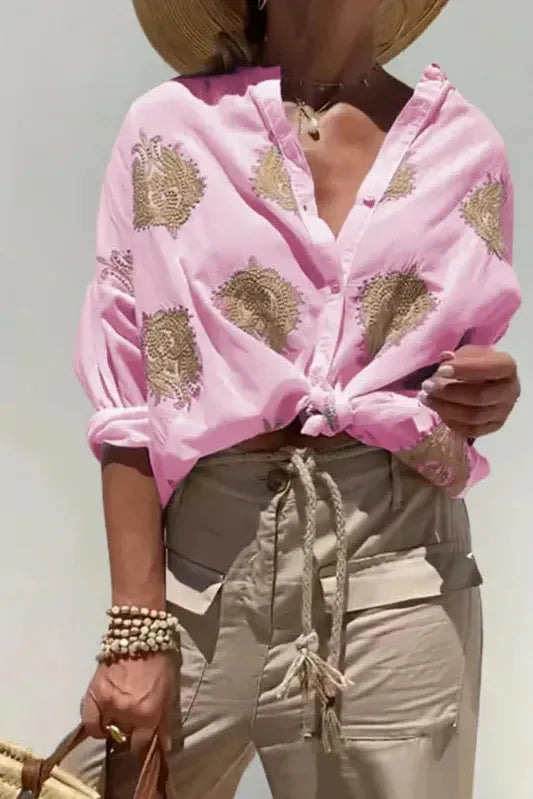 Versatile women's long sleeve blouse with elegant print, suitable for casual outings or professional office wear.