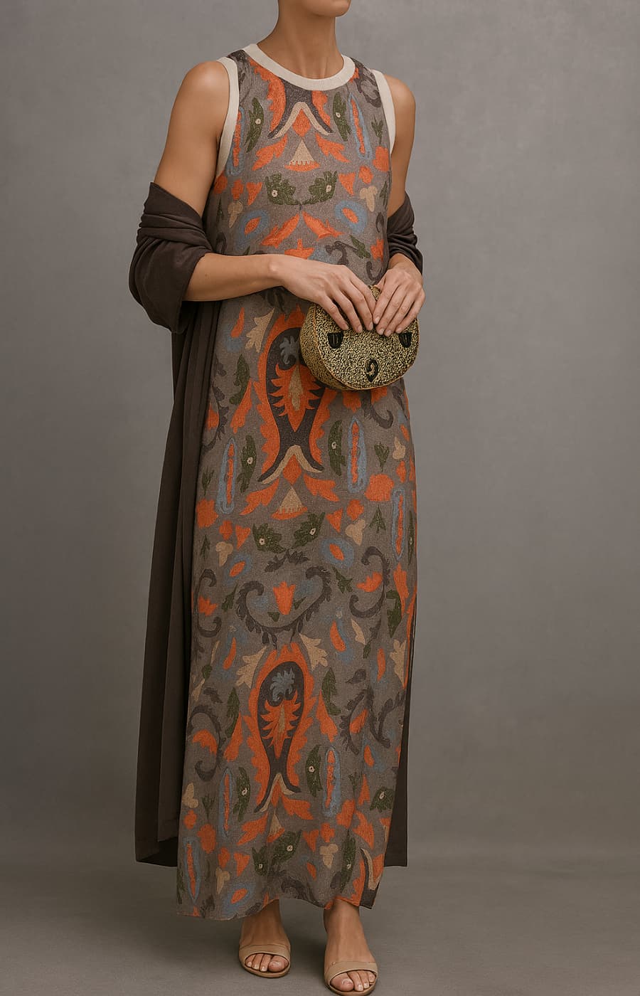 Stylish women's long maxi dress and open front coat set. Elegant, versatile layered outfit for various occasions.