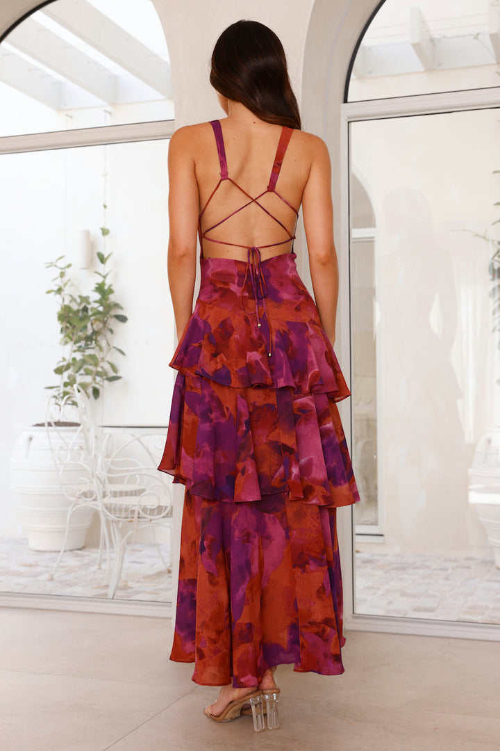 Graceful printed maxi wedding guest dress, V-neck, ruffle sleeves, tiered design, formal wear.
