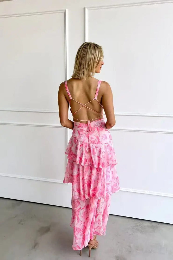 Printed V-neck tiered maxi dress for wedding guests, elegant, with charming ruffle sleeves.