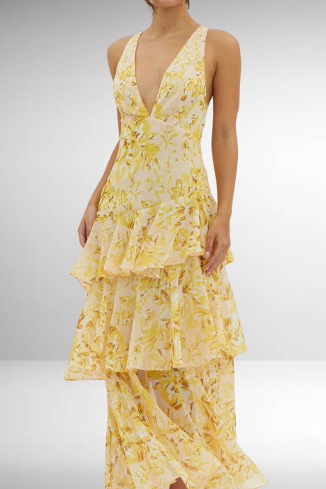Elegant printed maxi dress for wedding guests, V-neck, ruffle sleeves, tiered skirt, special occasion.