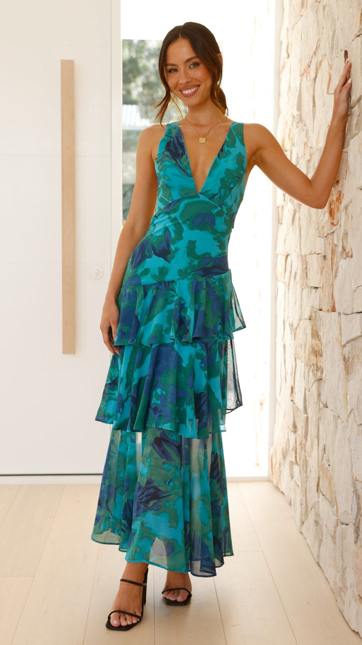 Printed tiered maxi wedding guest dress, V-neckline, graceful ruffle sleeves, elegant formal style.