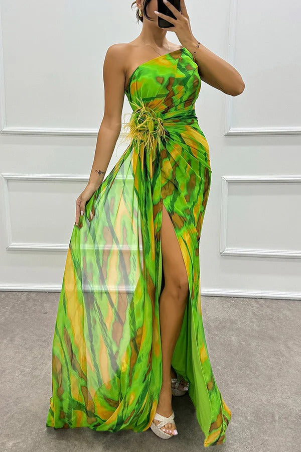 Elegant one shoulder printed maxi dress for women, featuring a stylish slit, ideal for formal events.