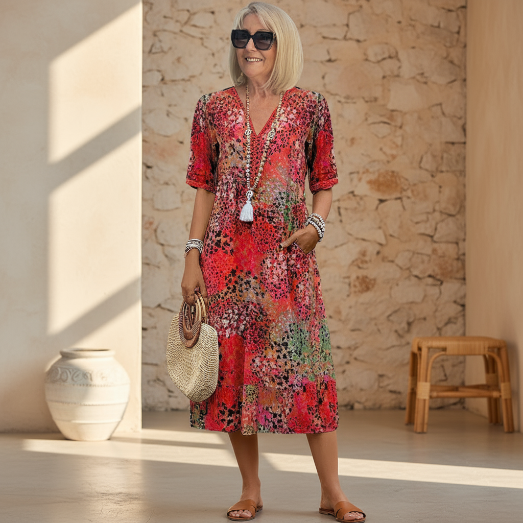 Women's V-neck A-line midi dress with elegant floral print, comfortable and stylish for summer.