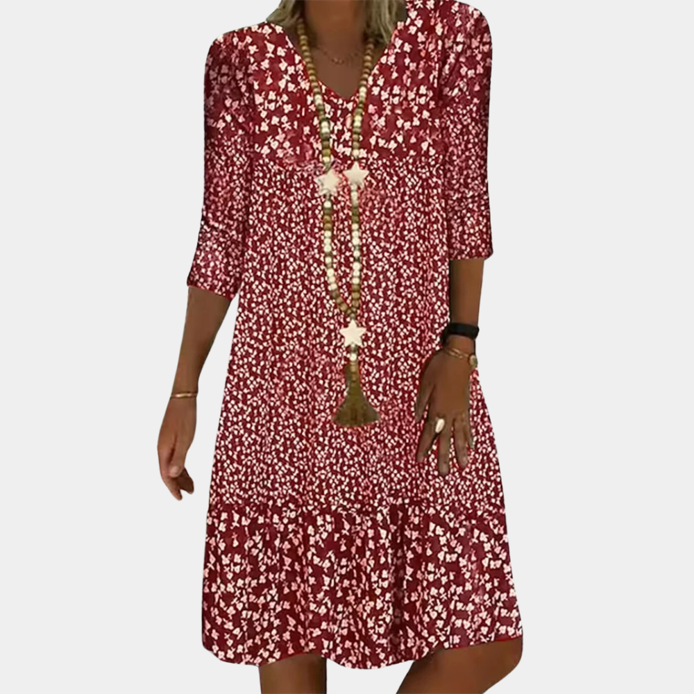 Effortless style: women's printed midi dress. Versatile A-line v-neck design, perfect for casual or elegant spring/summer.