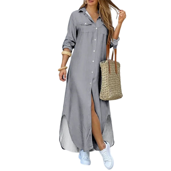 Women's stylish printed maxi dress, single-breasted, with a modern and sexy slit.