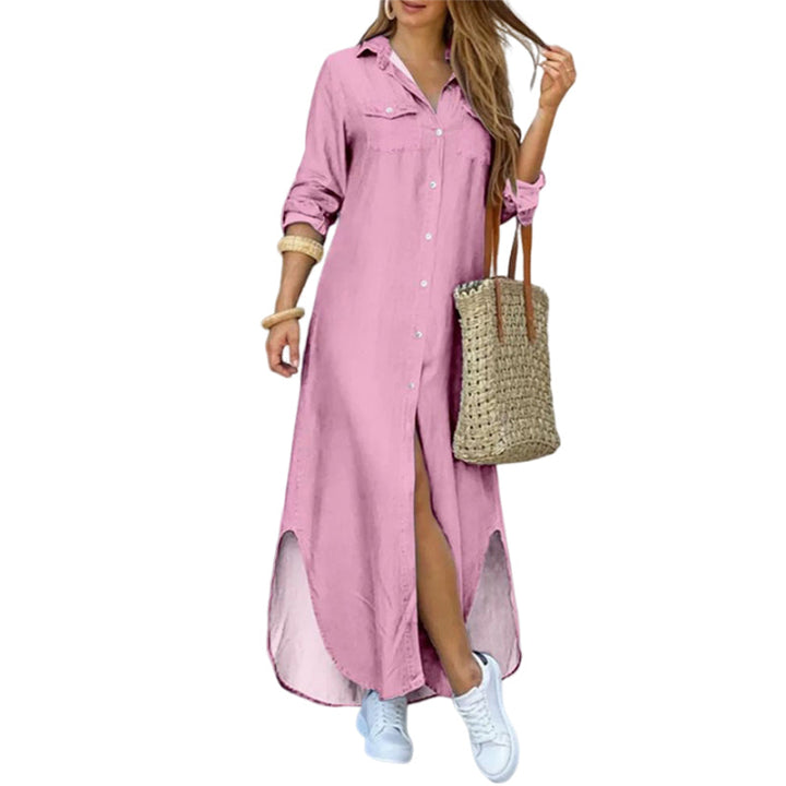 Comfortable women's printed maxi dress, single-breasted with an easy-to-wear slit, acrylic fabric.