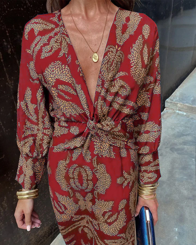 Women's formal printed long sleeve V-neck gown, a stylish choice for weddings & special occasions.
