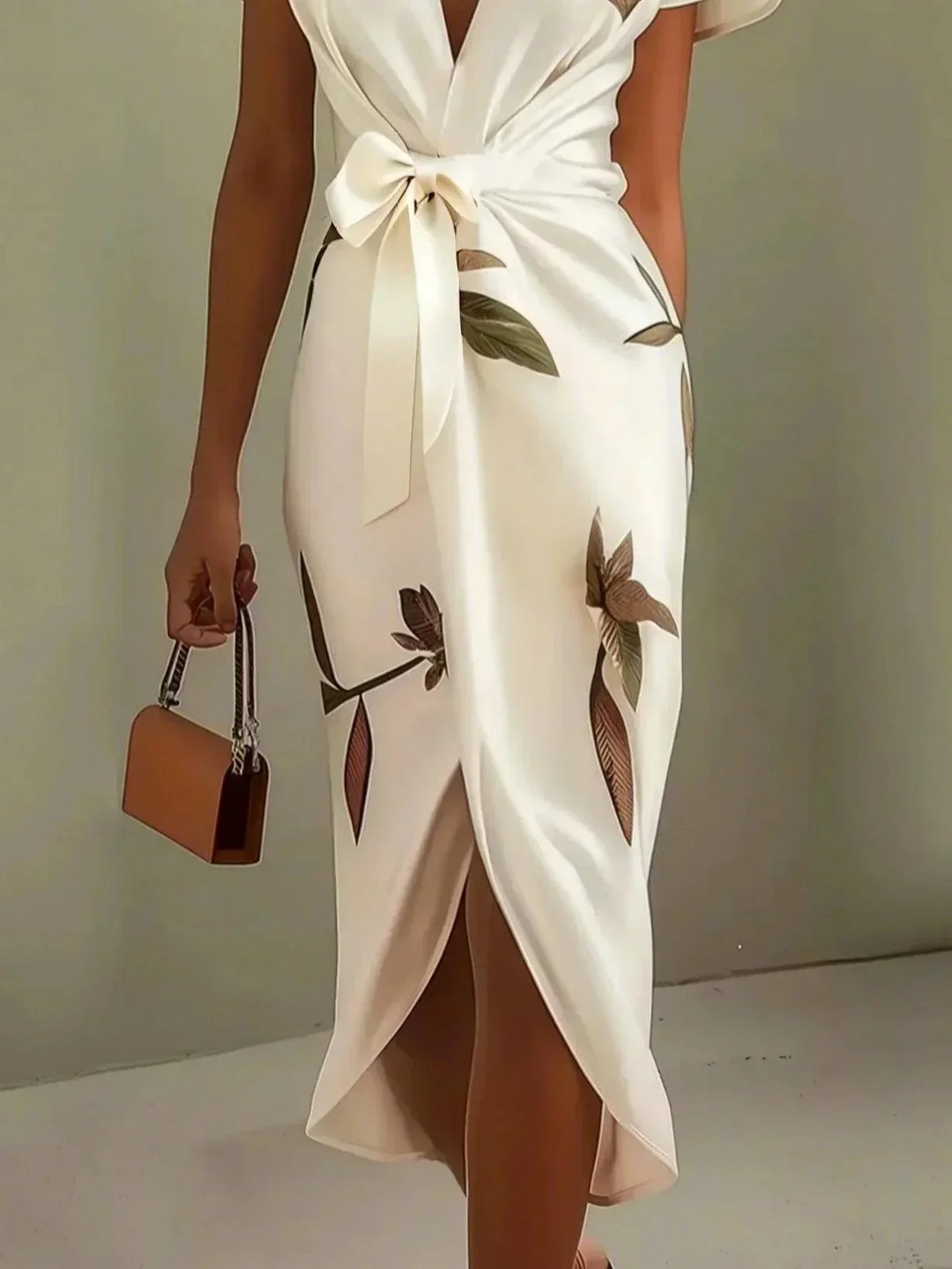 Chic women's printed V-neck wrap midi dress with delicate flutter sleeves & flattering tie waist detail.