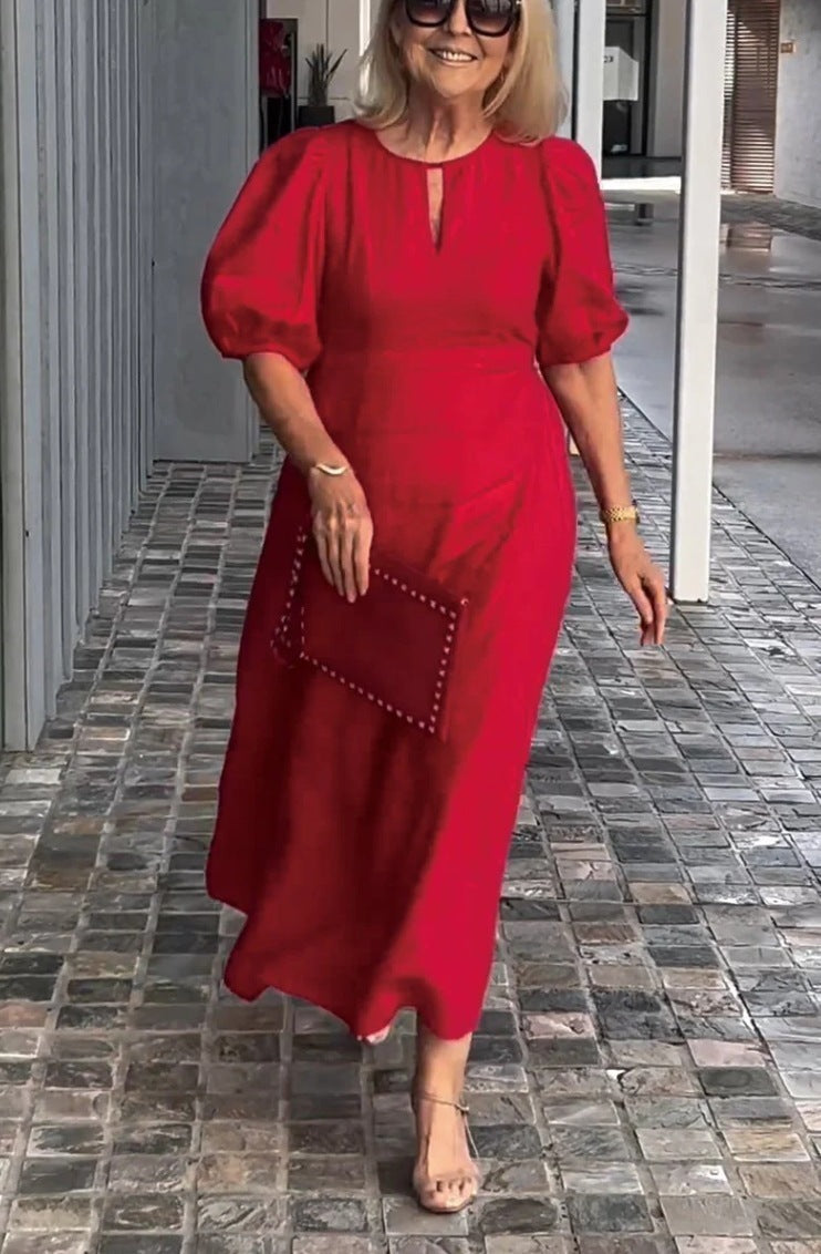 Chic women's puff sleeve A-line midi dress with a flattering silhouette, perfect for parties.