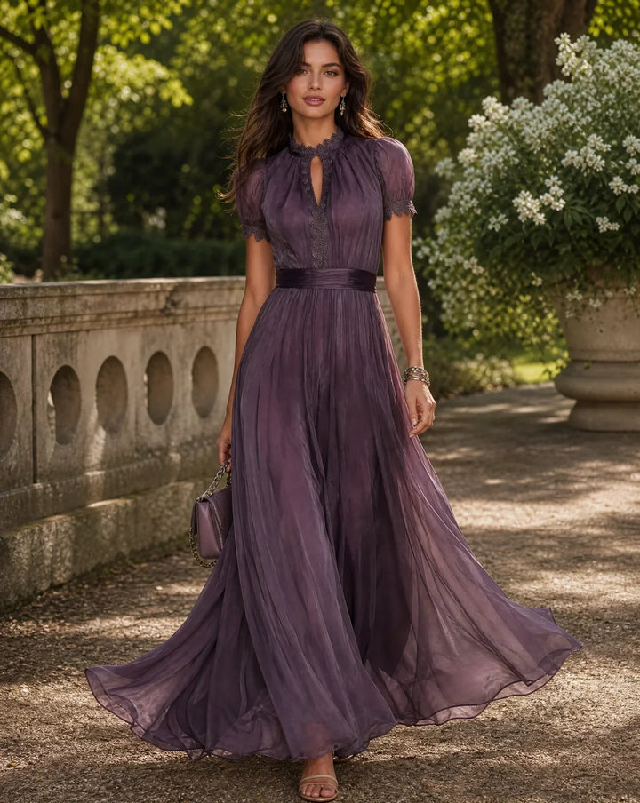 Elegant women's purple floral pleated maxi dress with long sleeves. Perfect for evening events, parties, and formal occasions.