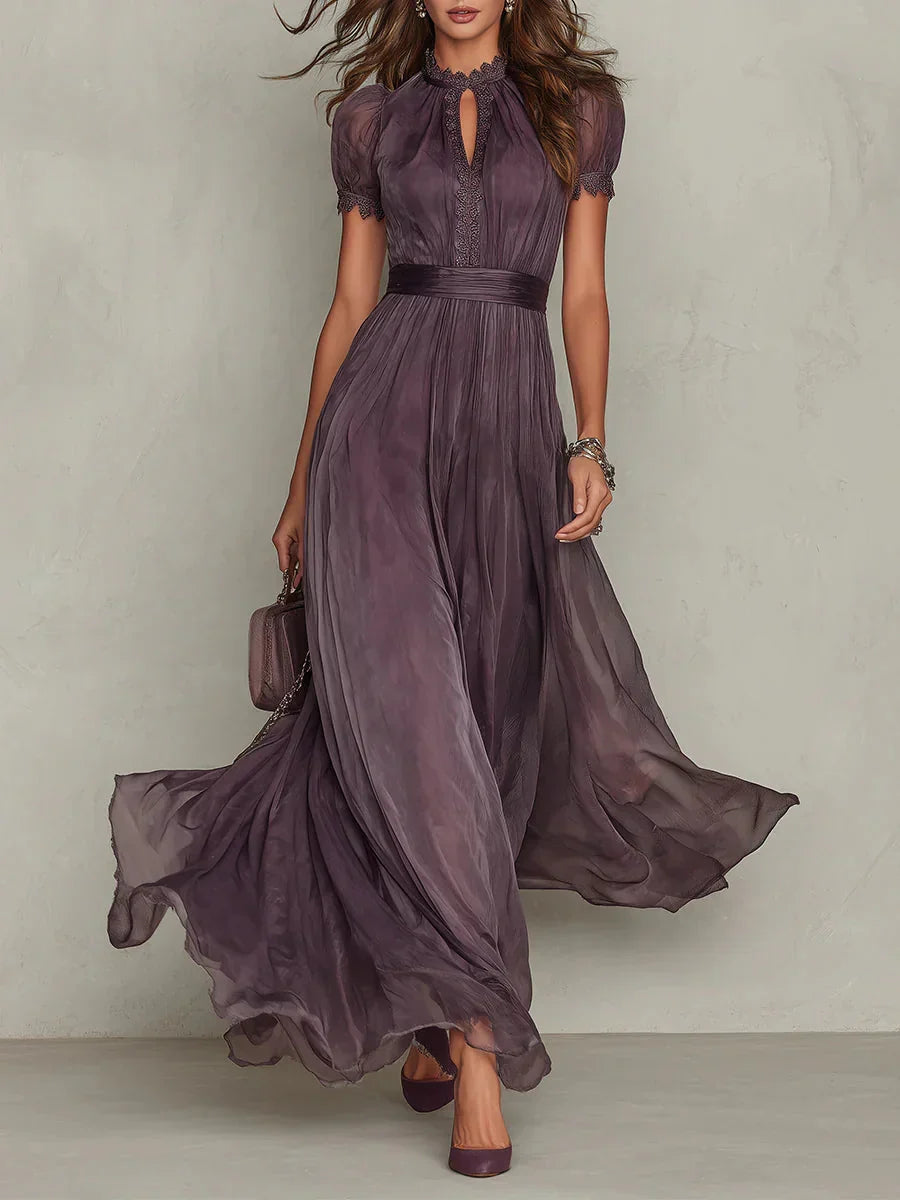 Women's long sleeve floral print maxi dress. Elegant pleated evening gown, ideal for formal parties & special occasions.