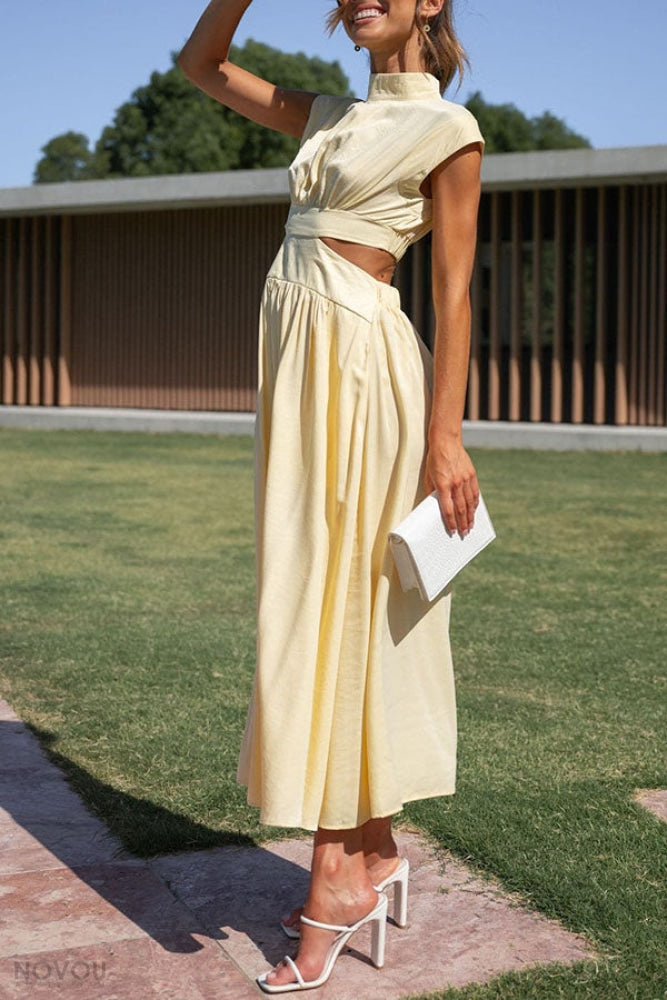 Navy blue elegant summer midi dress, roll neck, waist cut-out, chic women's apparel.