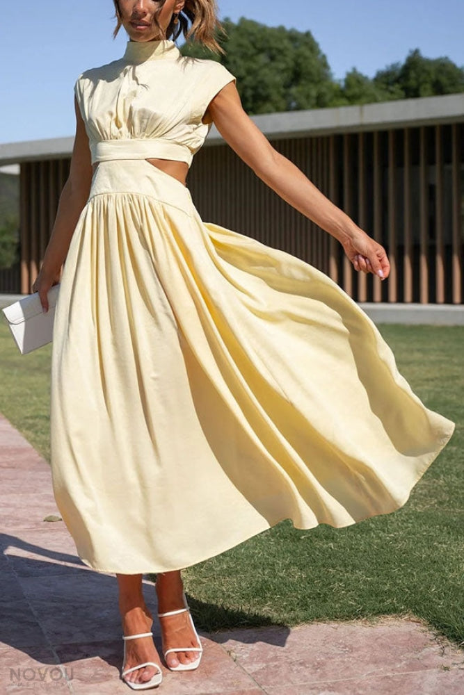 White elegant sleeveless midi dress, roll neck, waist cut-out, perfect for resort or beach.