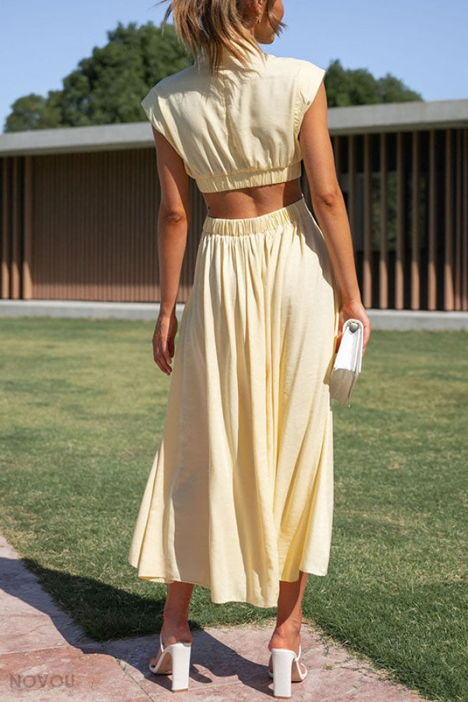 Pink elegant women's midi dress, roll neck, waist cut-out, sleeveless design, summery.