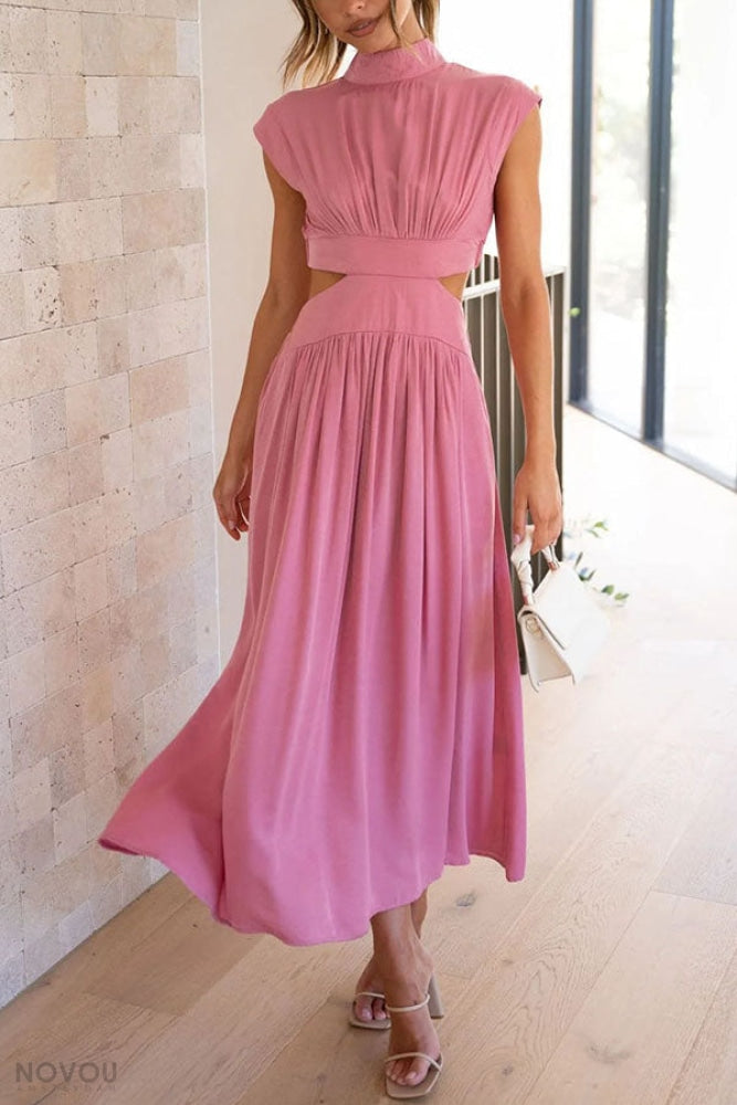 Sophisticated sleeveless midi dress, roll neck, waist cut-out, elegant summer fashion.