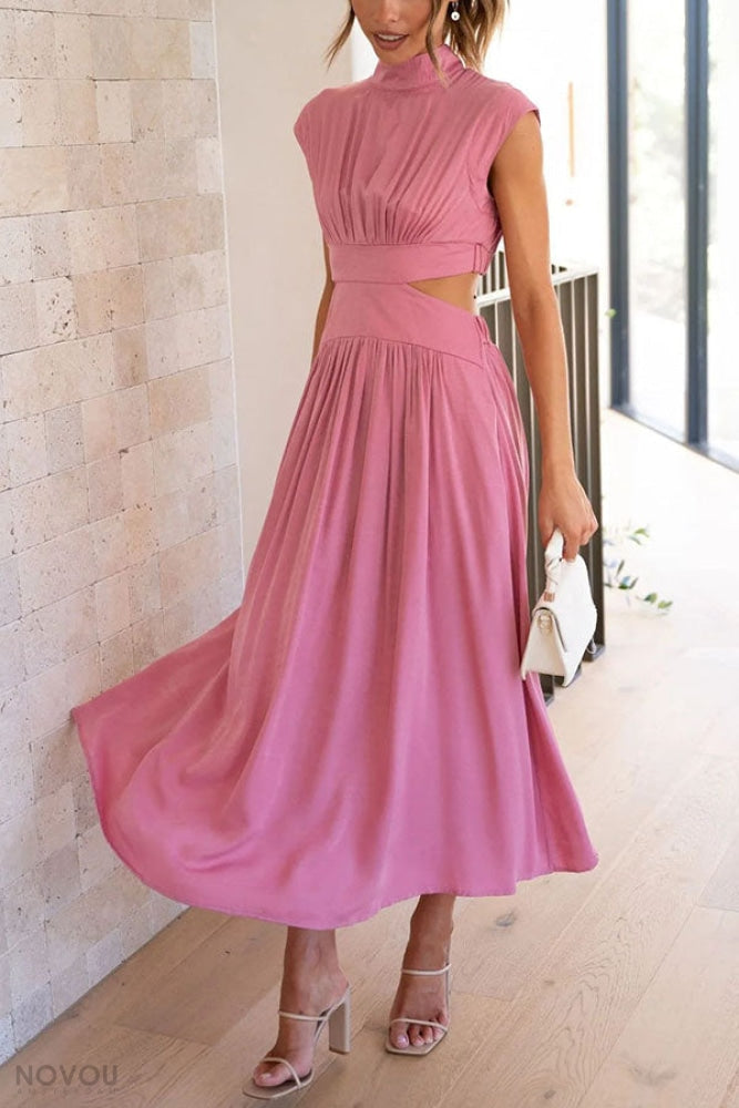 Fashionable roll neck midi dress for women, waist cut-out detail, perfect elegant party outfit.