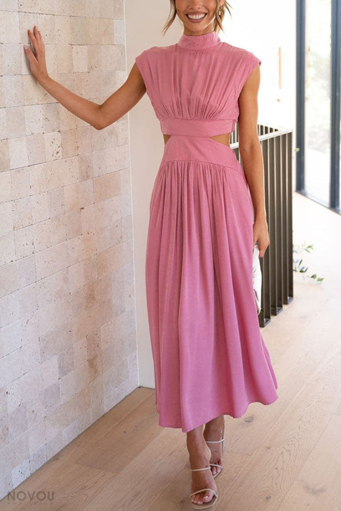 Versatile elegant midi dress, roll neck, waist cut-out, suitable for summer events.