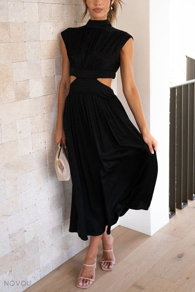 Summer elegant party midi dress, roll neck and flattering waist cut-out, ideal for women.
