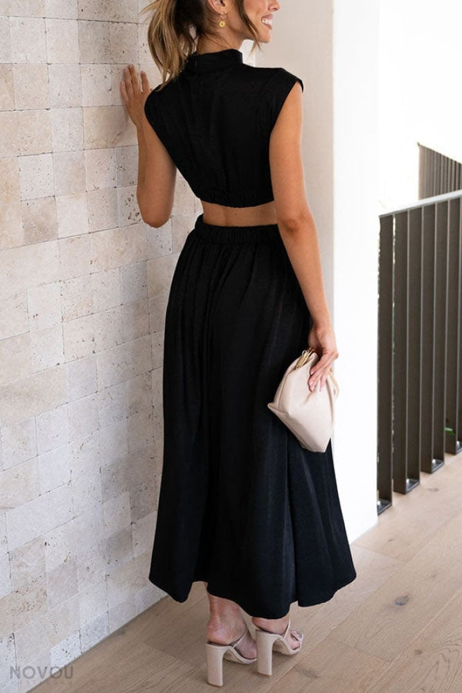 Vibrant red elegant roll neck midi dress with a unique waist cut-out, sleeveless style.