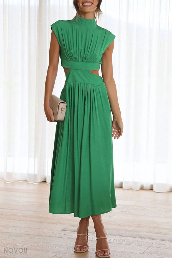 Avelina women's elegant roll neck midi dress, waist cut-out detail, sleeveless summer wear.