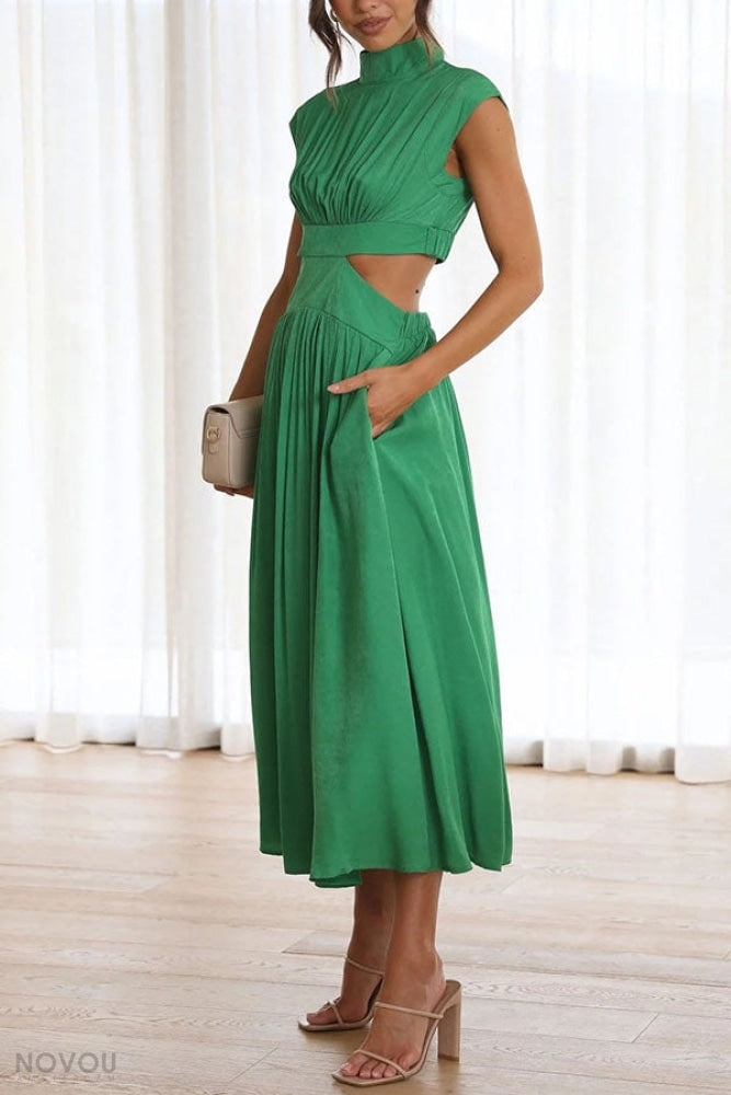 Chic sleeveless midi dress, roll neck, and trendy waist cut-out. A perfect elegant summer outfit.