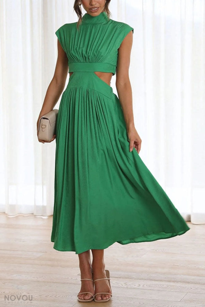 Flowing elegant midi dress, roll neck, waist cut-out, ideal for summer evenings or parties.