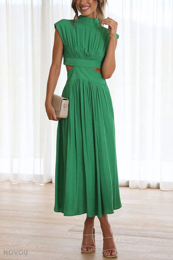 Comfortable elegant midi dress with roll neck and waist cut-out, offering a flattering fit.