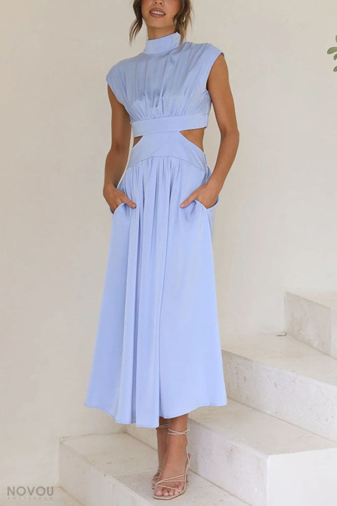 Front view: Elegant roll neck midi dress with waist cut-out, women's stylish summer fashion.
