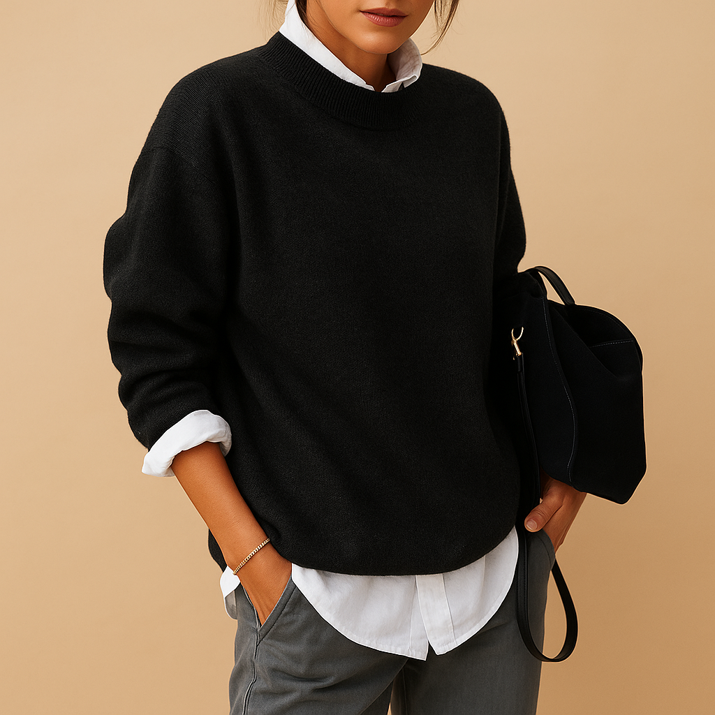 Soft women's classic long sleeve sweater in a minimalist design, ideal for everyday wear and winter comfort.