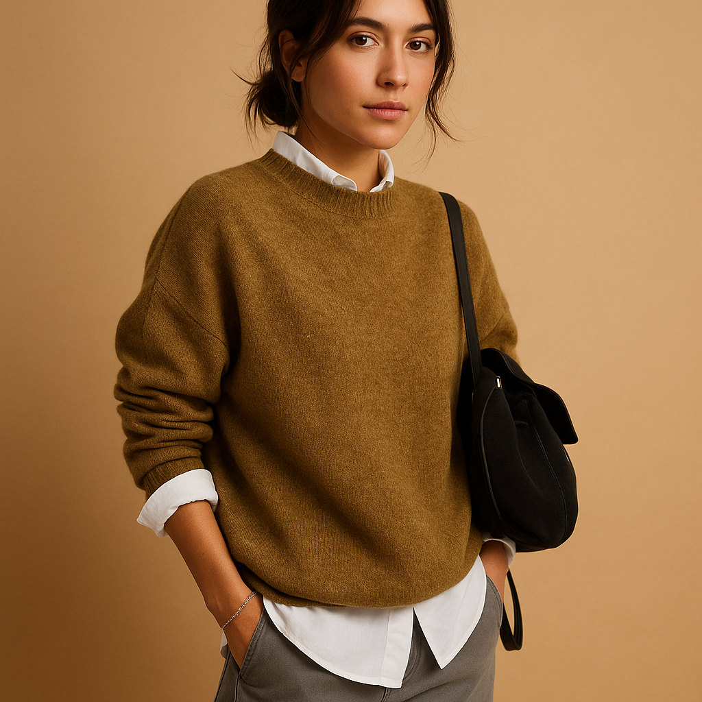 Minimalist women's elegant sweater, a soft long sleeve top for classic style, suitable for any fall or winter occasion.