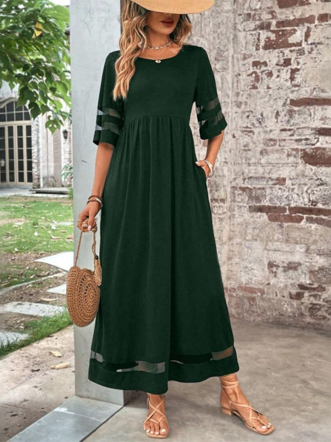 Red women's elegant round neck maxi dress. Versatile short sleeve design with a gathered waist for a flattering fit. Day to night.