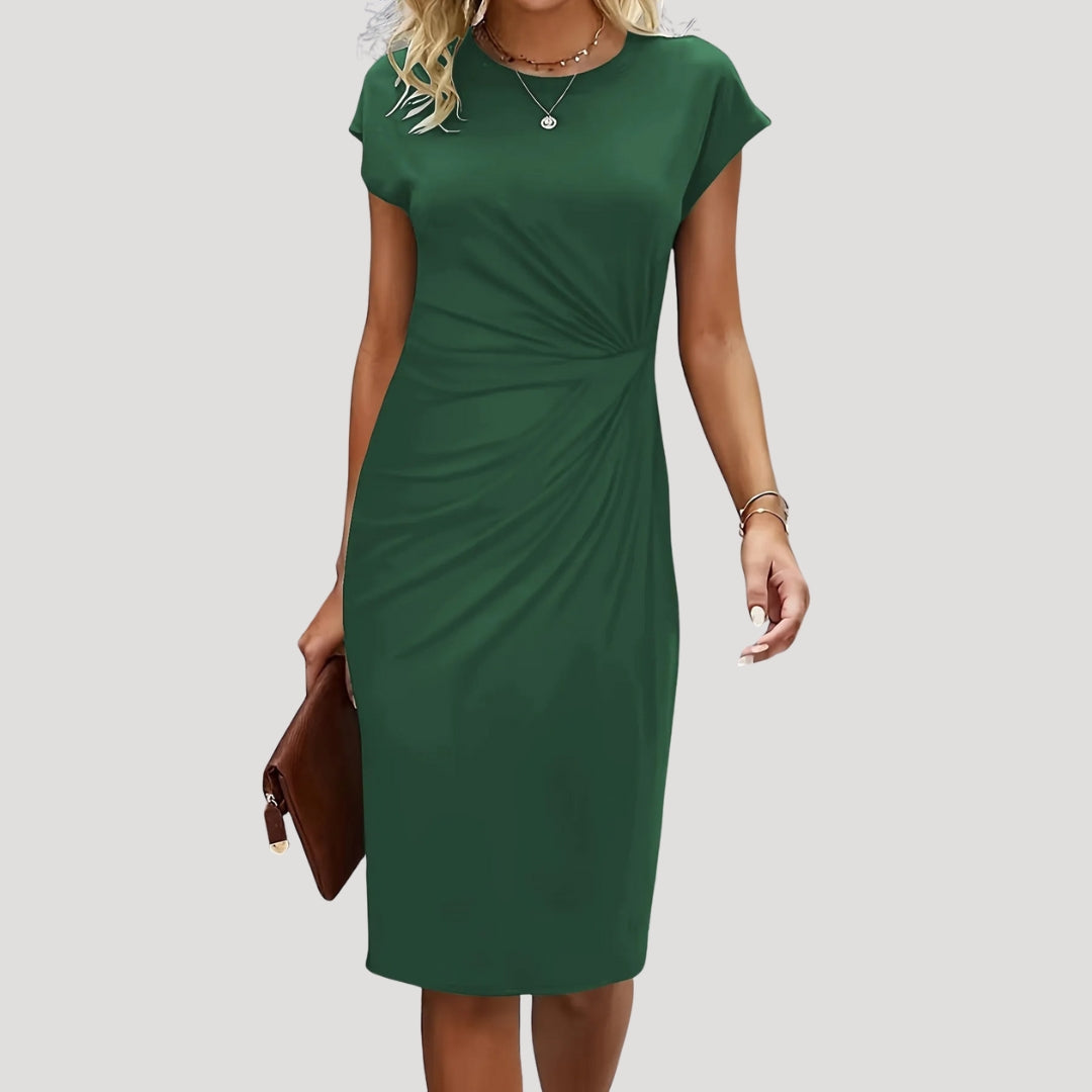 Fitted midi dress for women featuring elegant ruched detailing and chic cap sleeves, perfect for formal events.