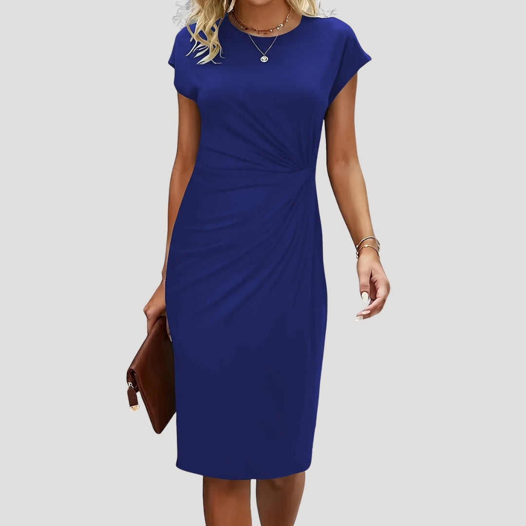 Versatile women's elegant midi dress with ruched cap sleeves, suitable for office, formal, or special occasions.