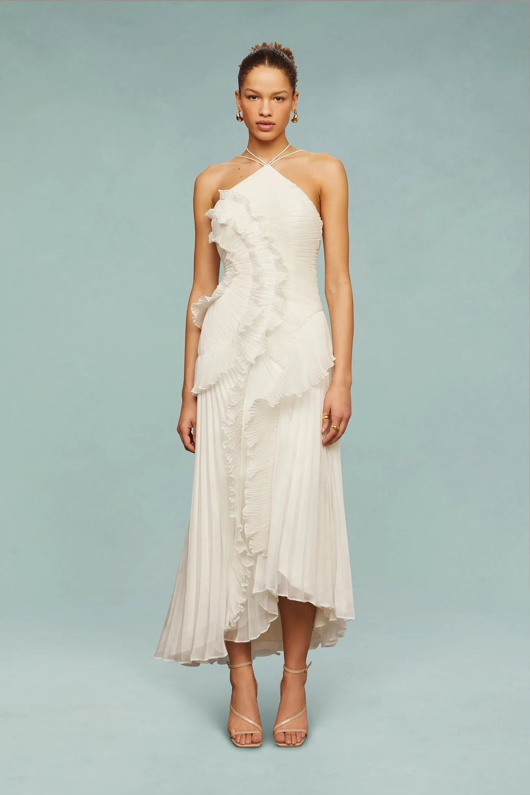 Chic Ruffle Halter Maxi Dress for women. Ideal wedding guest attire, evening gown, or formal party dress.