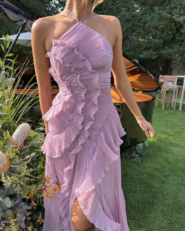 Long Ruffle Halter Maxi Wedding Guest Dress for women. Elegant formal wear, perfect for special events.