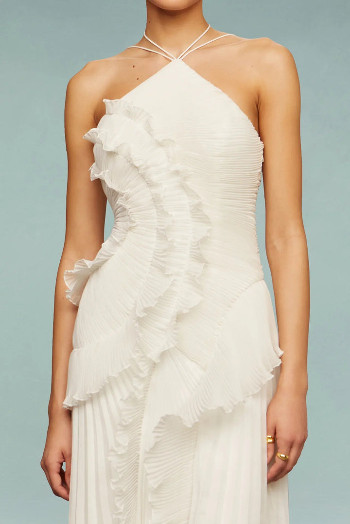 Sophisticated Women's Ruffle Halter Maxi Dress. A beautiful formal or party dress, ideal for wedding guests.
