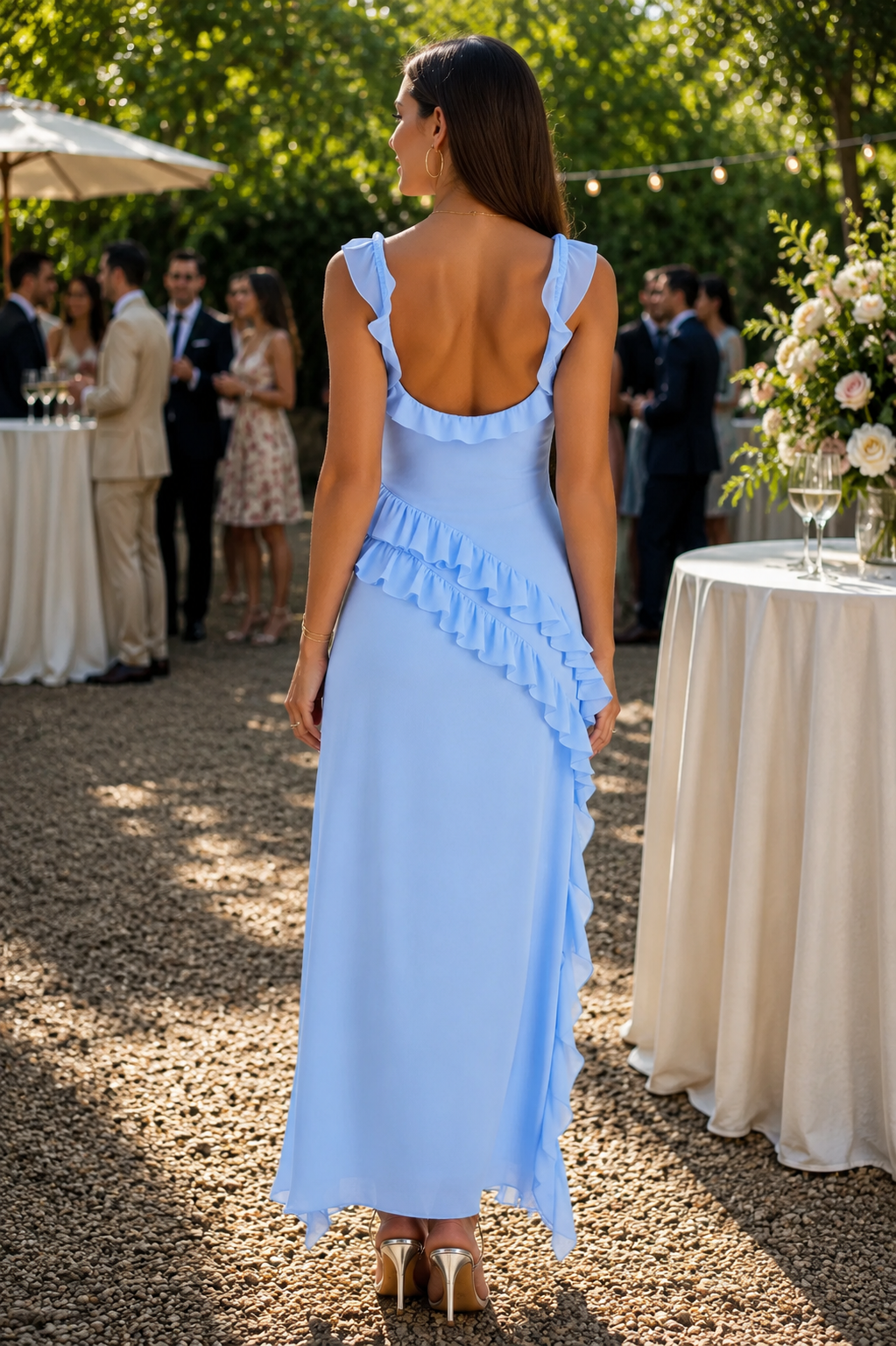 Beautiful women's elegant ruffle maxi dress, a long and sophisticated flowing gown for any occasion.