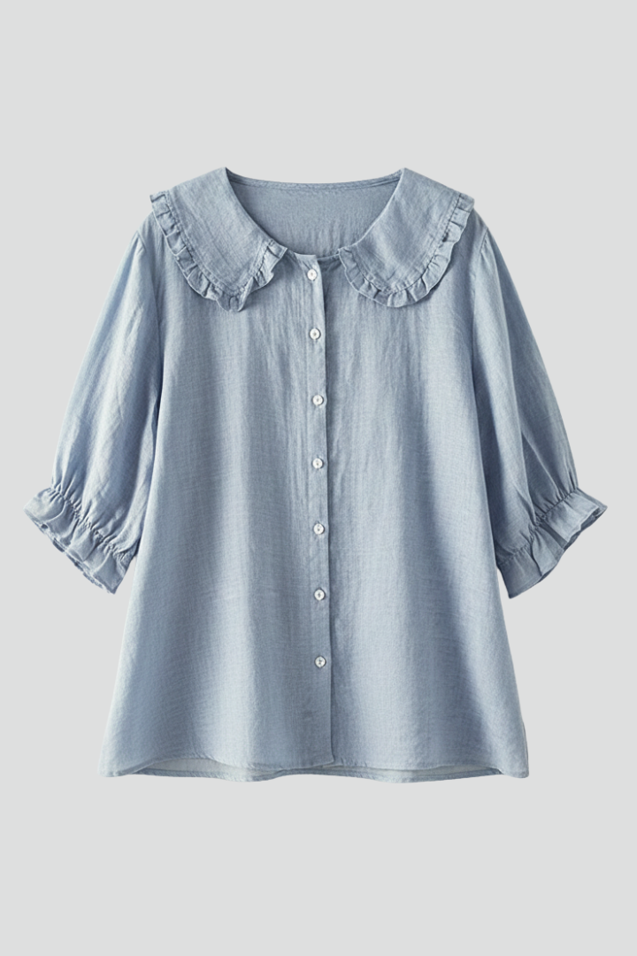 Elegant women's ruffled collar button-up shirt, a versatile blouse for workwear & casual chic spring style.