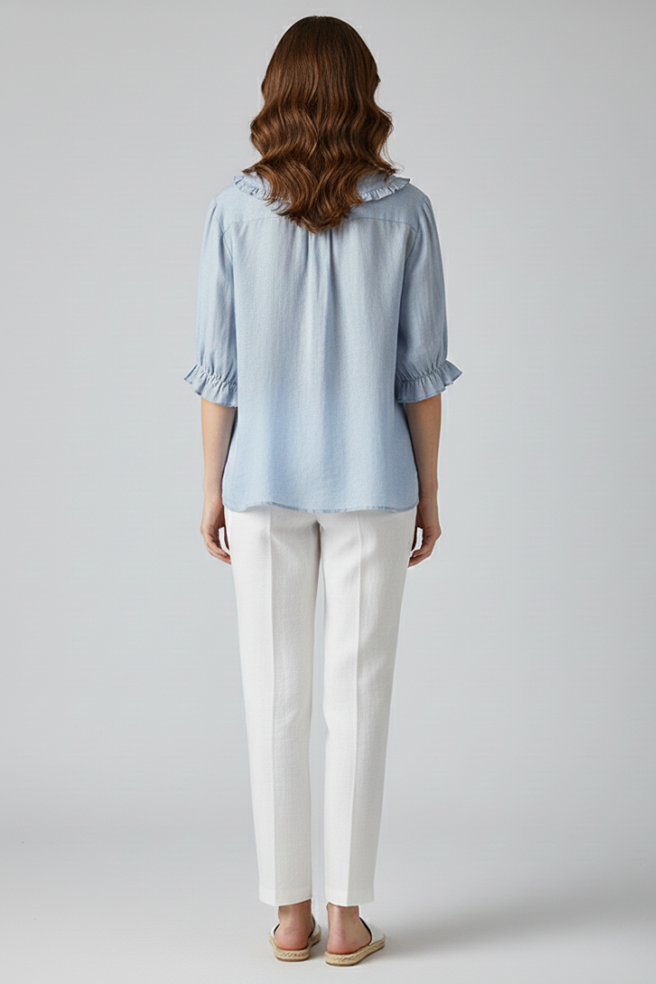 Casual chic women's ruffled collar shirt, an elegant button-up top with mid-length sleeves for versatile everyday wear.