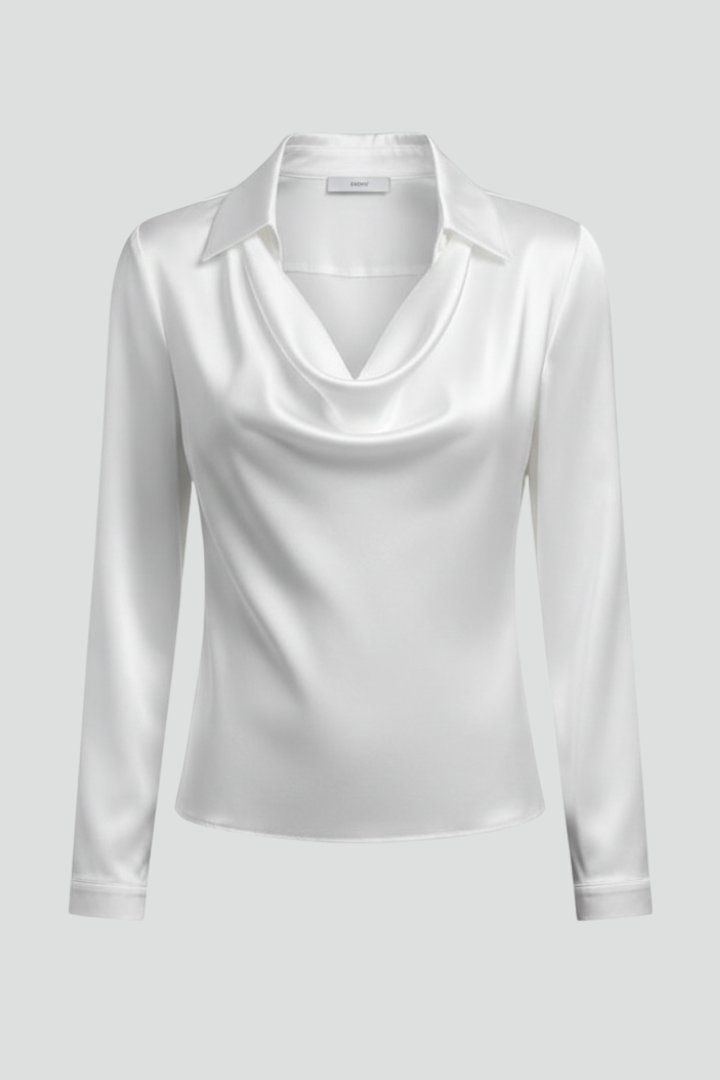 Elegant women's satin blouse with draped collar & long sleeves. Perfect for office, evening, or sophisticated wear.