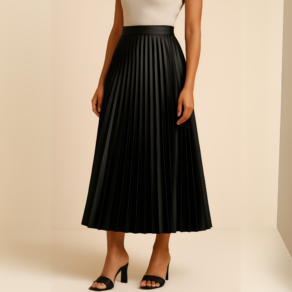 Elegant women's satin pleated high-waist midi skirt. Perfect for versatile fashion.