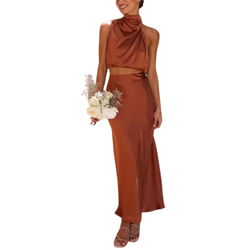 Elegant women's satin two-piece skirt set with halter neck top & midi skirt, perfect for summer parties & events.